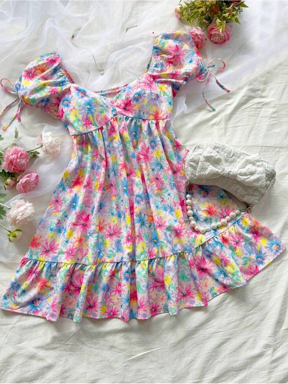 Floral Puff-Sleeve Dress in Multicolor